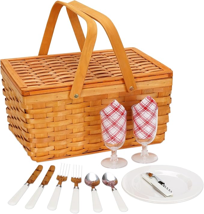 Picnic Basket Set for 2 Persons, Woven Woodchip Basket - Image 2