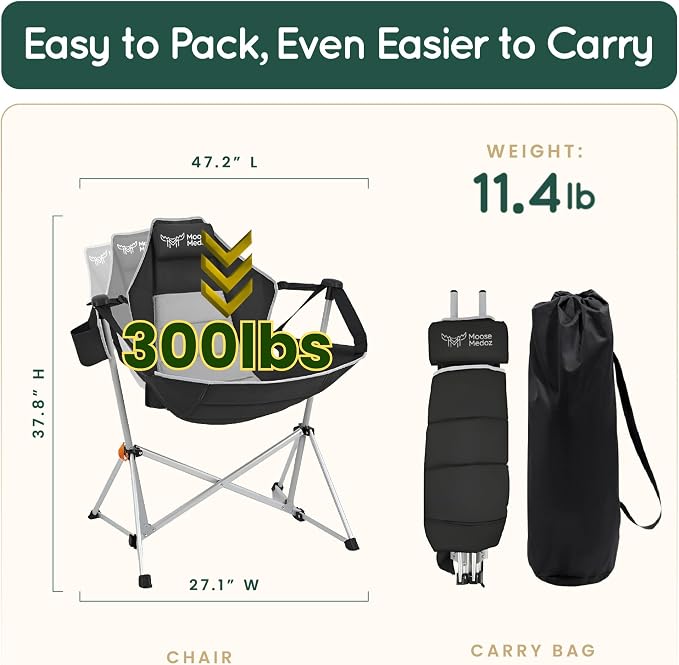Folding Hammock Camping Chair in Black with Headrest and Cup Holder