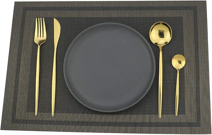 Gugrida Placemats Set of 6 Plaid Checkered Black & Gold PVC Placemat - Image 3