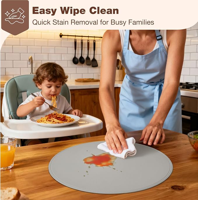 Round Vinyl Gray Placemats Set of 6, Faux Leather Waterproof Wipeable Heat - Image 3