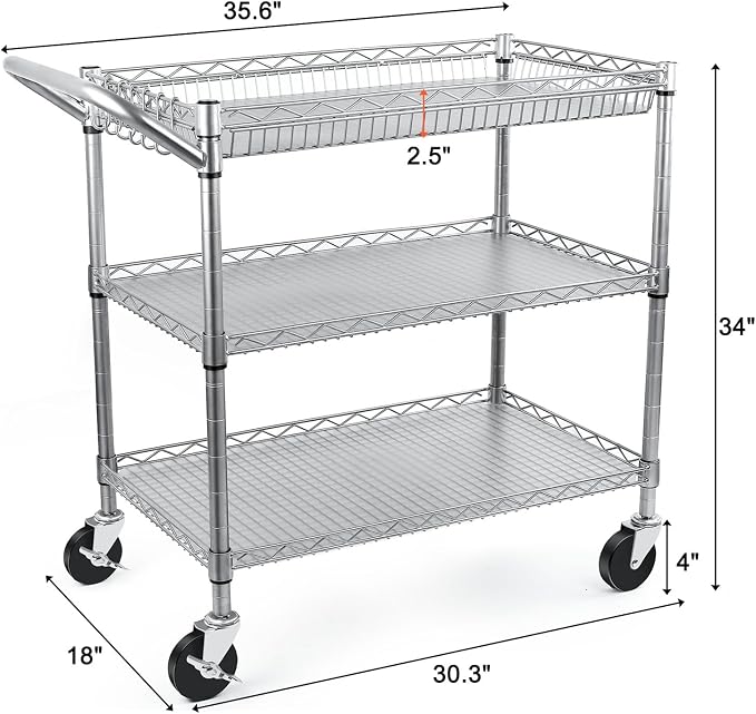 Heavy Duty Utility Cart, 990Lbs Capacity 3 Tier Rolling Carts - Image 6