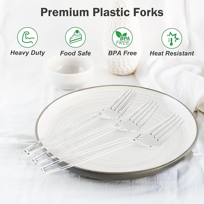 300 Count Extra Heavy Duty Clear Plastic Forks Disposable, Heat Resistant - Image 3