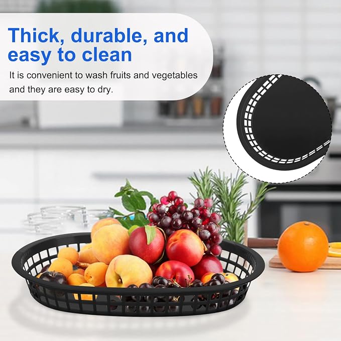 60 Pack Black Fast Food Baskets, 10.6 x 6.7 Inch Oval Black Plastic Food Baskets - Image 6