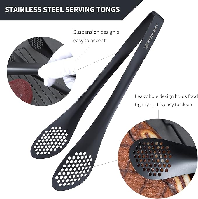 Tongs - 11 Inch Mirror-Polished 304 Stainless Steel, Black