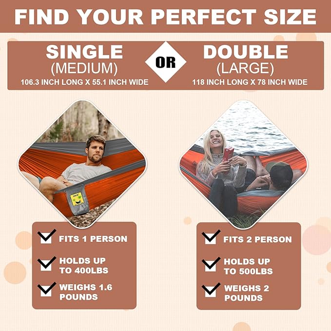 Hammocks, 2-Person Portable Camping Hammock, Orange and Grey, 500 lb Limit