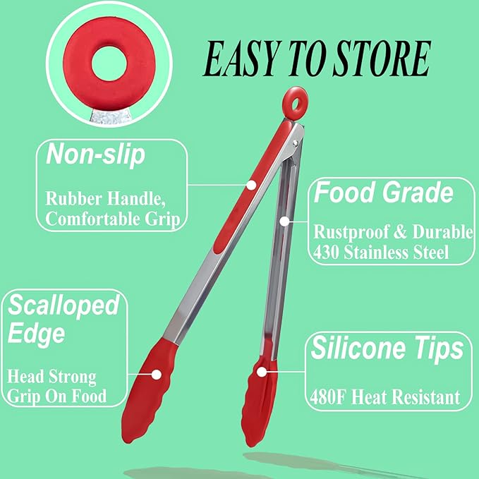 Tongs 3 Piece Set with Silicone Tips and Locking Pull Ring, 12 Inch Red