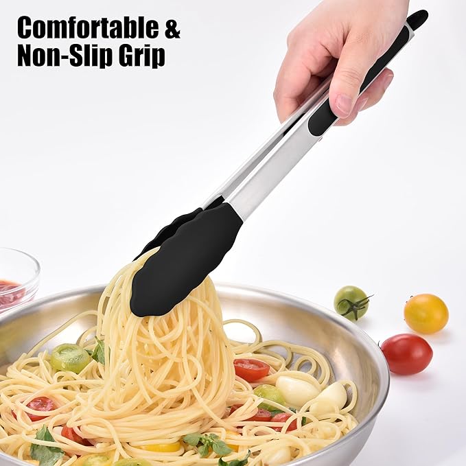 Tongs with Silicone Tips, Locking Stainless Steel, Black