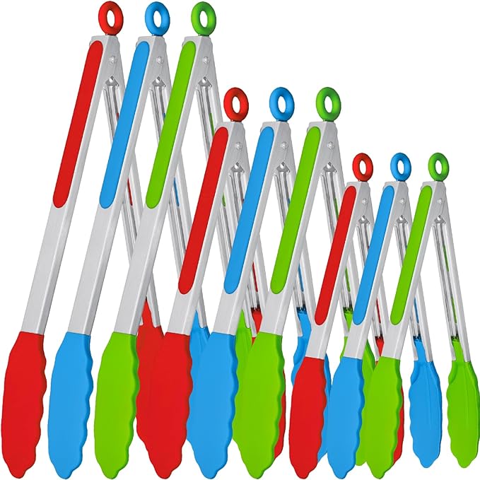 Tongs Set, 9 Pieces in 7, 9 and 12 Inch Sizes with Silicone Tips
