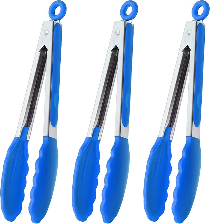 Grilling Tongs 3-Pack, 9-Inch Stainless Steel with Blue Silicone Tips