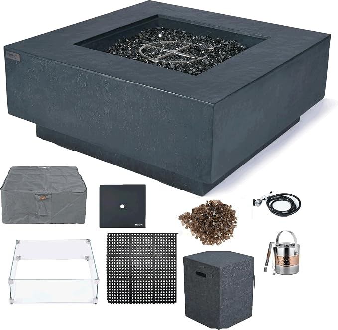 Elementi+ | Bundle Bergen Gas Fire Pit Cast Concrete 40" Square Fire Table by AMSFireplaceInc