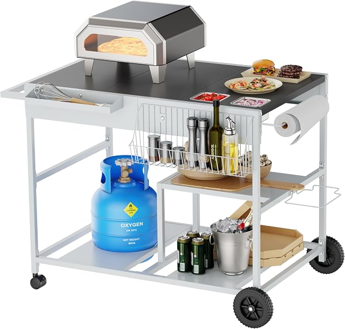 Vongrasig Pizza Oven Cart with Topping Station, Outdoor Grill Table Kitchen by Vongrasig