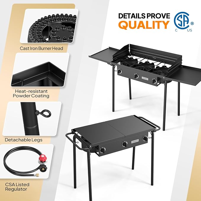 ROVSUN 3 Burner Gas Stove with 2 Side Shelves, 000BTU Portable Propane Stove - Image 2