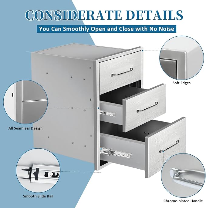 Outdoor Kitchen Drawers 15.7"Wx21.6"Hx17.7"D Flush Mount Access 3-Drawer BBQ - Image 4