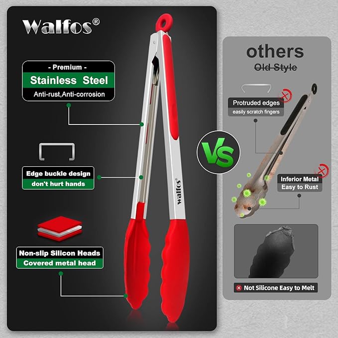 Silicone Kitchen Tongs Set, 3 Sizes 7, 9 and 12 Inch, Stainless Steel