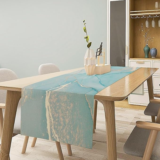 Turquoise Aqua Marble Table Runner, Modern Teal Watercolor Print Table Runner - Image 3