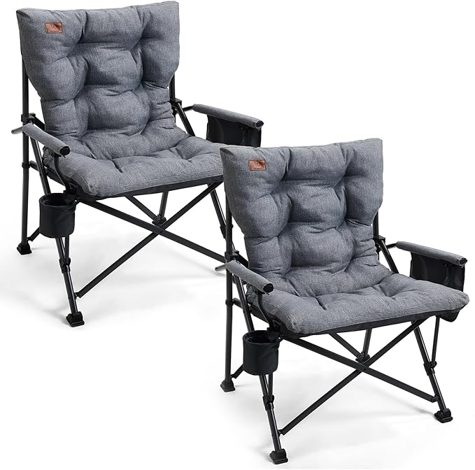 Folding Camping Chair 2-Pack, Grey, Padded High Back, Steel Frame
