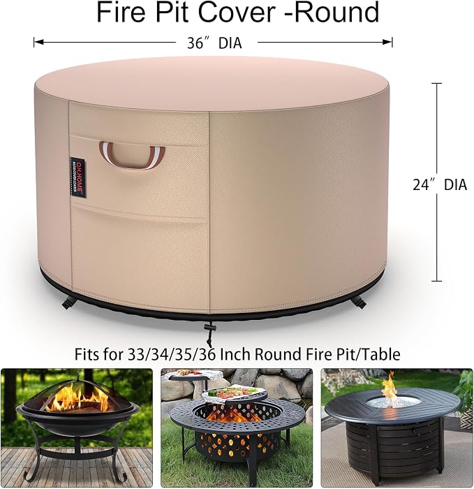 QH.HOME Fire Pit Cover Round-36" D X 24" H Inch Heavy Duty 900D Strong - Image 2