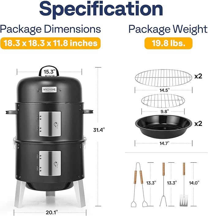 Vertical Charcoal Smoker, 3 Chambers, Black Alloy Steel