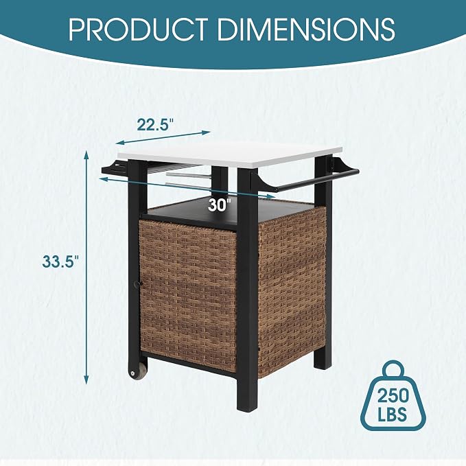 Grill Cart Outdoor with Wheels, Outdoor Prep Table with Wicker Storage and - Image 3