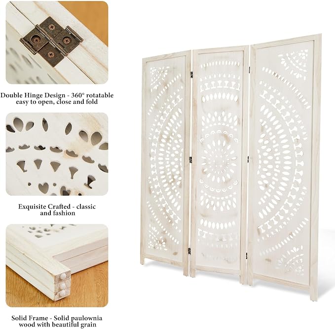 Room Divider Wood Carved Wall Divider Indoor Folding Bohemian Style Portable - Image 5