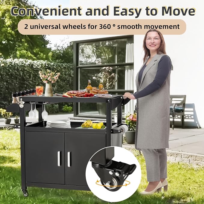 Outdoor Grill Prep Table Storage Cabinets Rolling Bar Grill Cart - Image 9