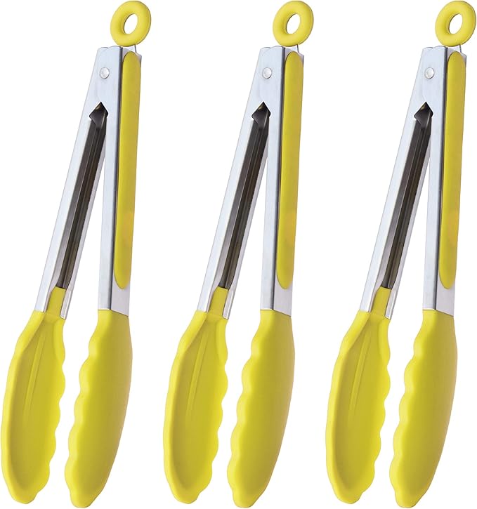 Tongs, 9-Inch Food-Grade Silicone and Stainless Steel BBQ Tongs, 3-Pack, Yellow