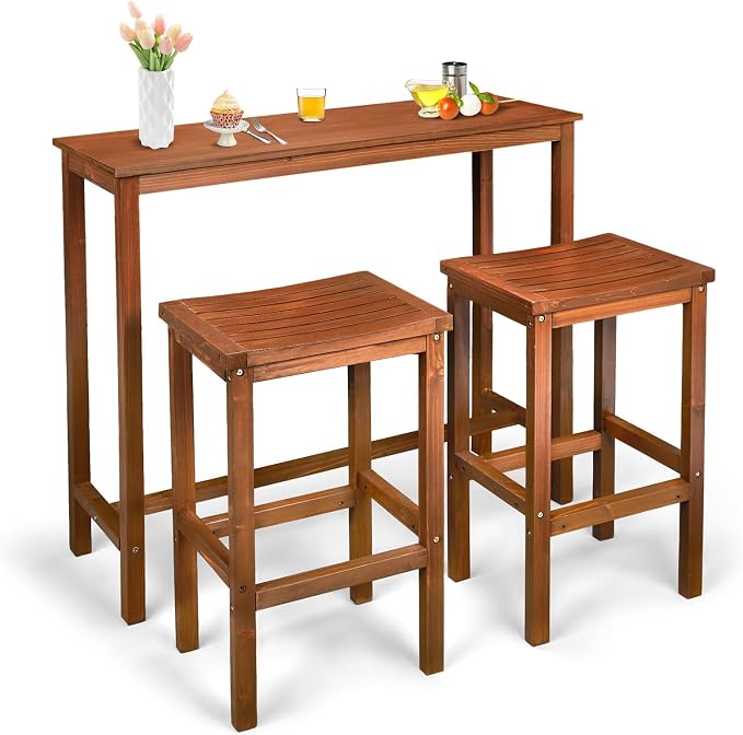 VINGLI 3-Piece Fir Wood Outdoor Bar Table and Chairs Set, Outdoor Bar Height by VINGLI