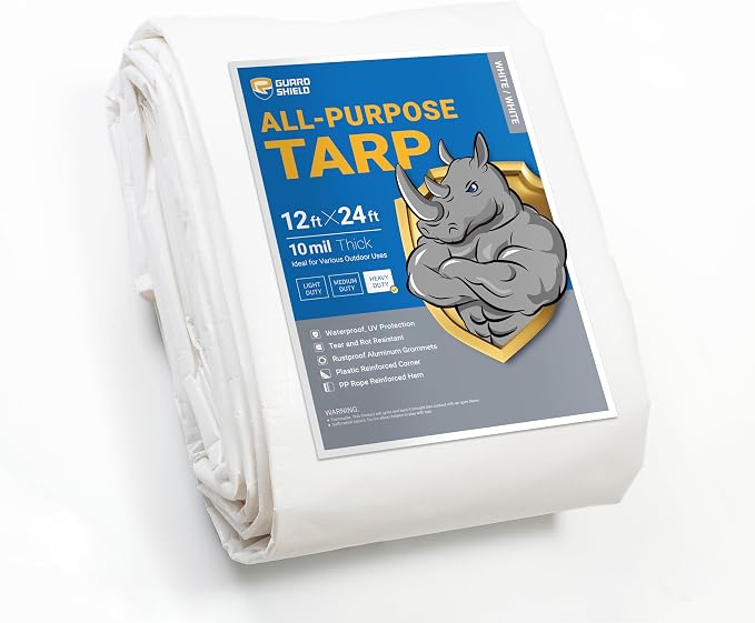 GUARD SHIELD Heavy Duty Tarp 12x24 Feet White Multi Purpose Thick Waterproof by GUARDSHIELD