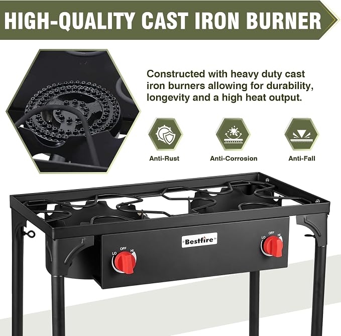 BESTFIRE 2 Burner Camping Stove, 000 BTU High Pressure Outdoor Propane - Image 4