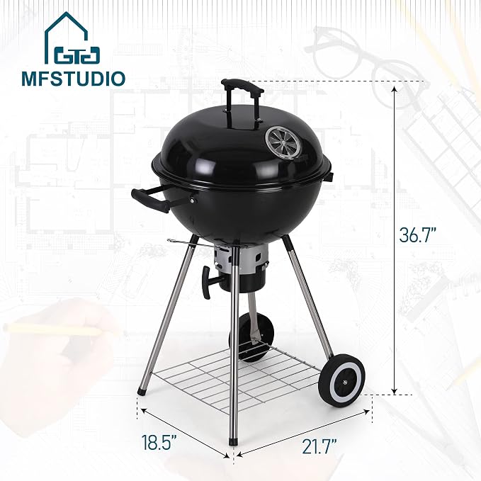 MFSTUDIO 18" Kettle Charcoal Grill, Portable Porcelain-Enameled BBQ Grill - Image 6