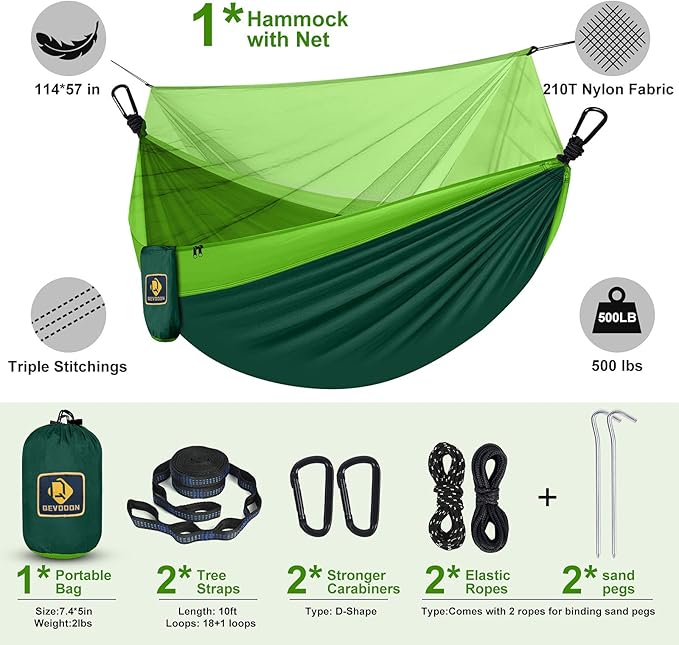 Hammock with Zip-On Mosquito Net, Reversible Nylon, Dark Green