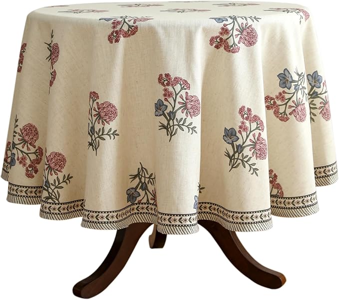 ISAENNE Designer Linen Light Beige Small Round Tablecloth, French Colorful by Isaennehomedecoration