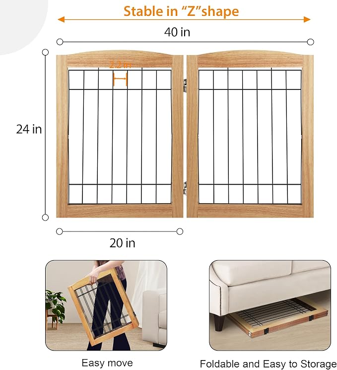 LZRS 2-Panel Freestanding Foldable Wood Dog Gate – Solid Wood & Steel Wire - Image 5