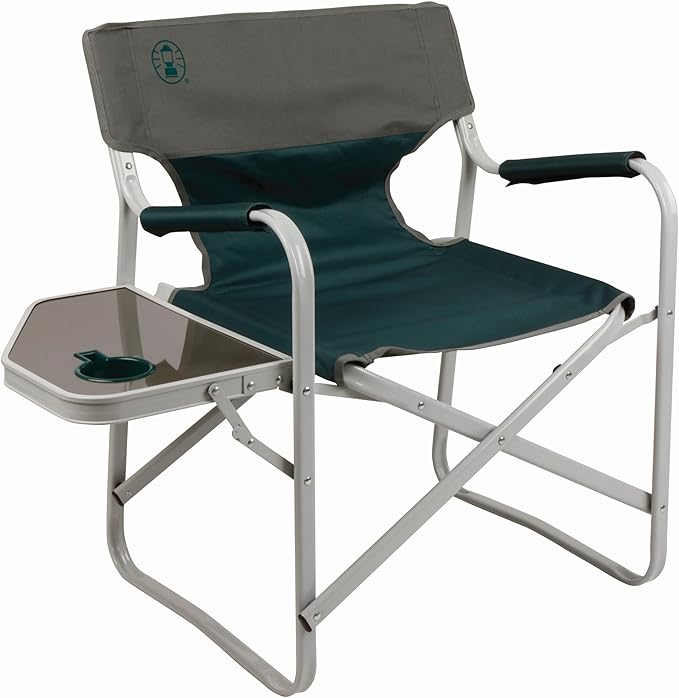 Camping Chair in Green with Flip-Up Side Table and Cup Holder