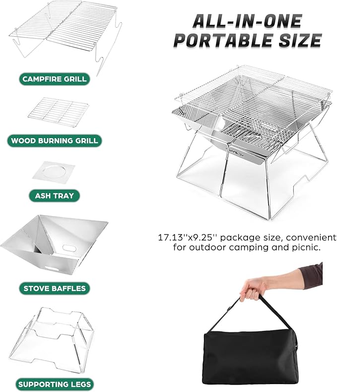 Odoland Folding Campfire Grill, 304 Stainless Steel Grate Barbeque Grill - Image 2