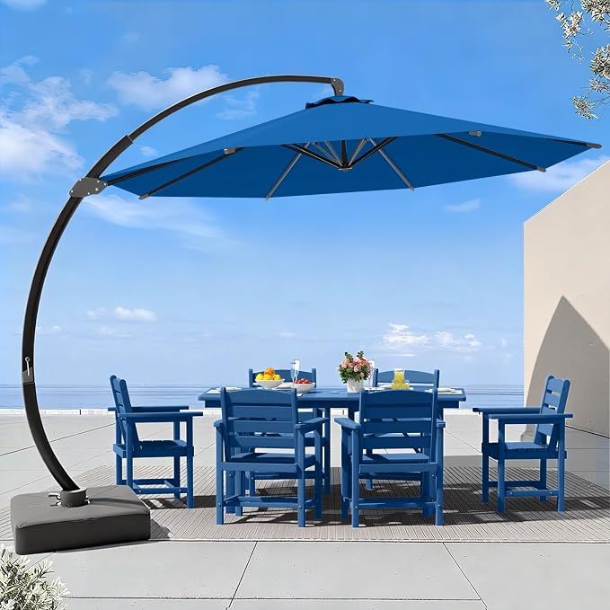 7 Piece Patio Dining Set with 11ft Patio Umbrella, 7 Navy Outdoor HDPE Dining by Unknown