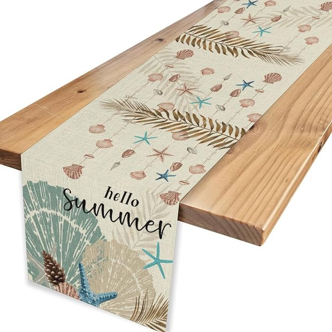 Nautical Coastal Table Runner, Rustic Starfish Seashells Tropical Leave Ocean - Image 4
