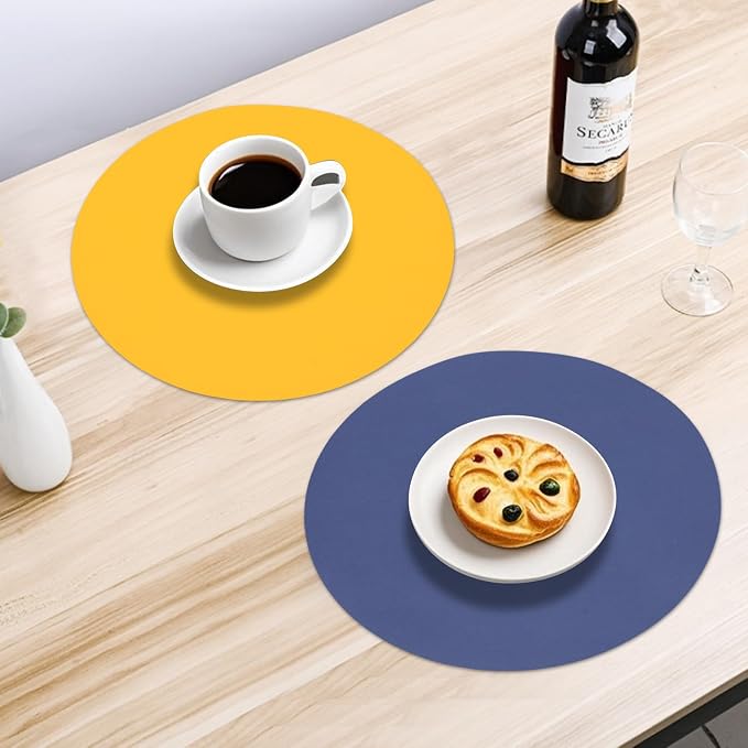 Faux Leather Placemats Set of 6 Reversible, Round PU Placemat - Image 3