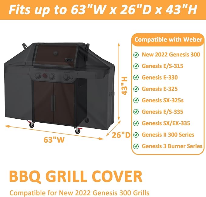 63 Inch Grill Cover for Weber Genesis 300 Series, for New 2022 Genesis 300 Gas - Image 2