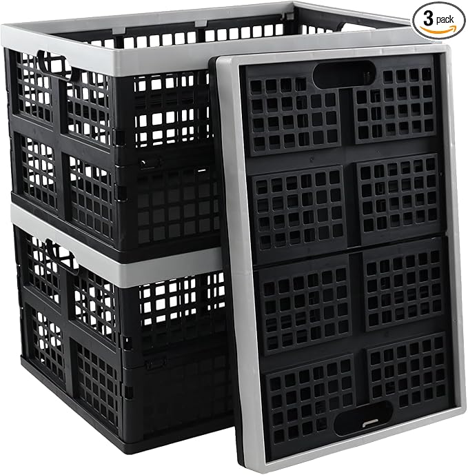 3 Pack 42 L Large Plastic Collapsible Storage Crates, Stackable Folding Milk by Unknown