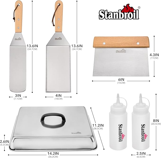 Barbecue Tool Set, 6 Piece Stainless Steel Griddle Kit with Wood Handle