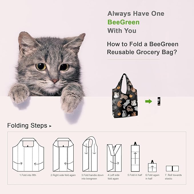 BeeGreen Gifts for Cat Lovers 6 Pack Cats Reusable Grocery Bags - Image 3