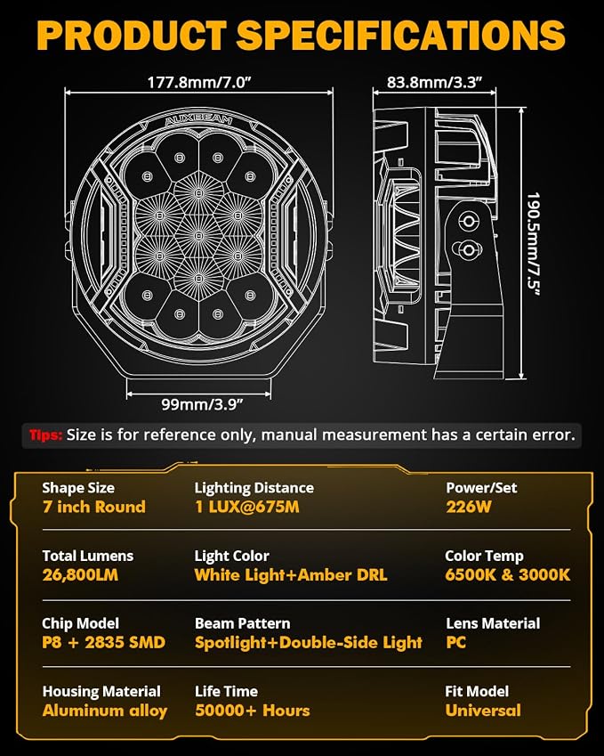 Auxbeam V-Ultra Series 7 Inch LED Pod Lights, 226W 26800LM Side Shooter Offroad - Image 4