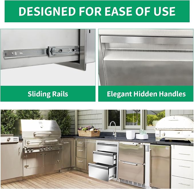 Outdoor Kitchen Drawers 18" W x 24" H x 23" D Stainless Steel Triple Drawers - Image 4