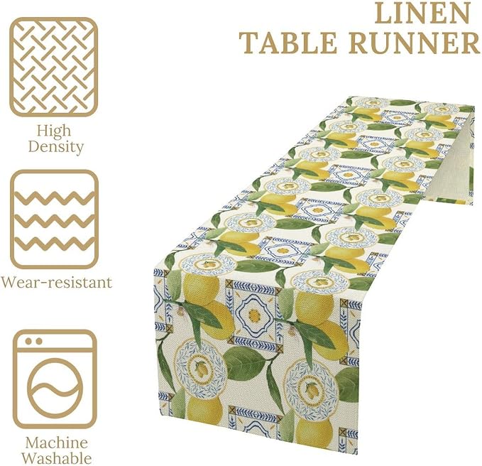 Tiles Lemon Table Runner, Watercolor Italian Tile Floral Plant Print Table - Image 6