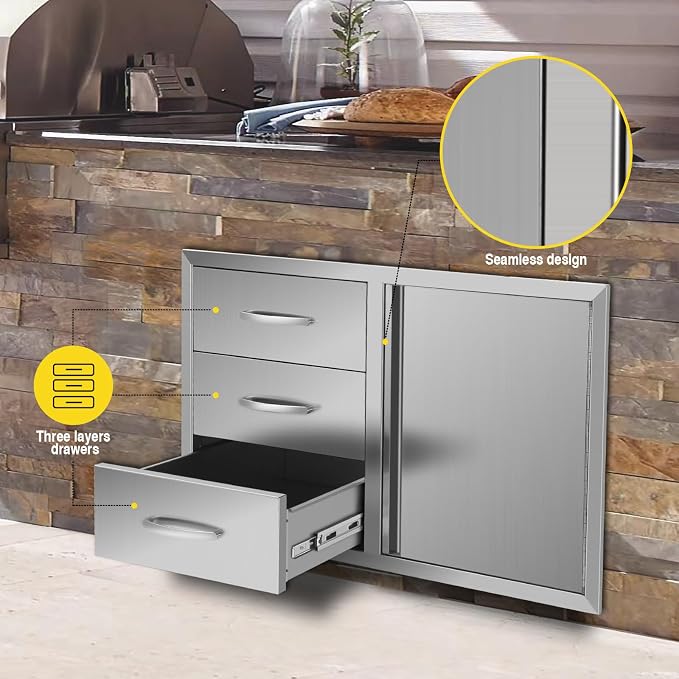 Outdoor Kitchen Drawer Combo, Stainless Steel Triple Drawers & 2 Trash Can - Image 6