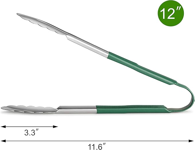 Tongs for Serving, Stainless Steel with Green Vinyl-Coated Handles