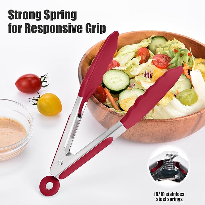 Tongs with Silicone Tips, Stainless Steel, 600°F Heat Resistant, Red
