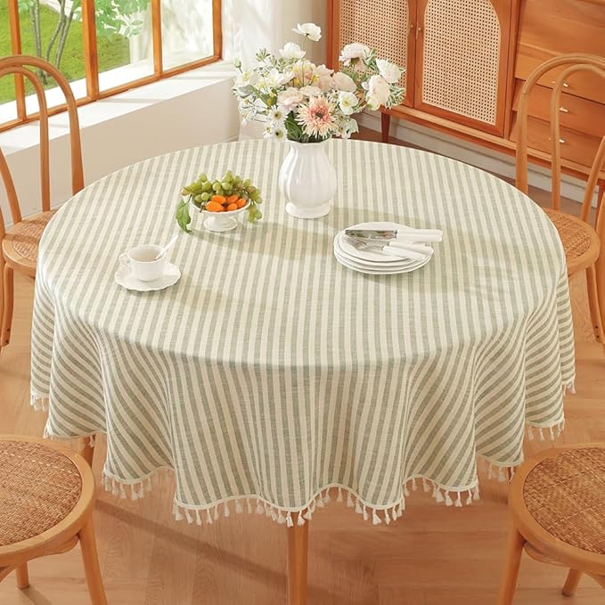 TruDelve Round Tablecloth 70 Inch Olive Green Striped Cloth Tablecloths Spring by TruDelve