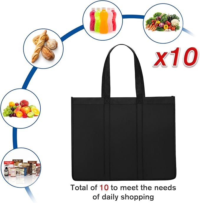 WISELIFE Reusable Grocery Shopping Bags 10 Pack Large Foldable Tote Bags Bulk - Image 3